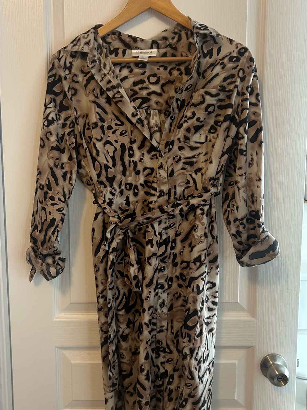 Motherhood Maternity Animal Print Belted Button-Down Shirt Dress | Size Small